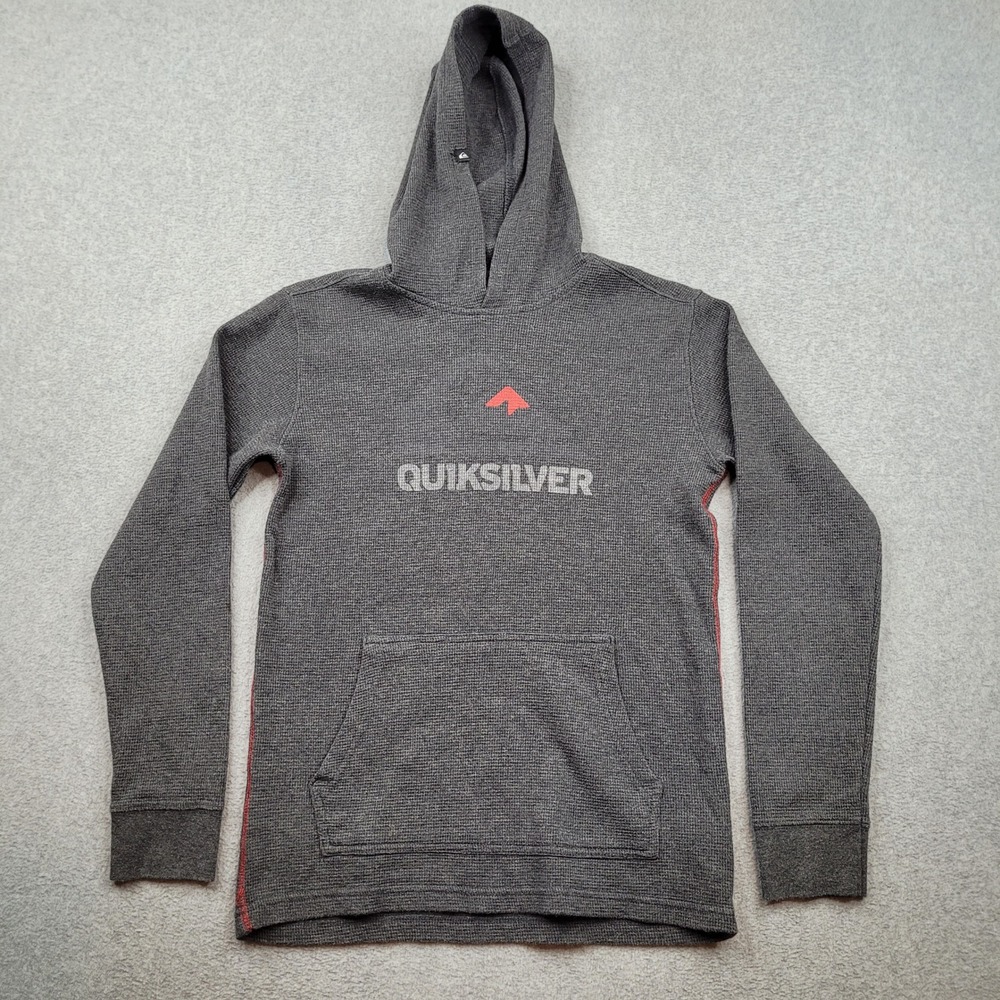 Quiksilver Waffle‎ Knit Hoodie Boys Large Gray Long Sleeve Pullover Graphic Logo